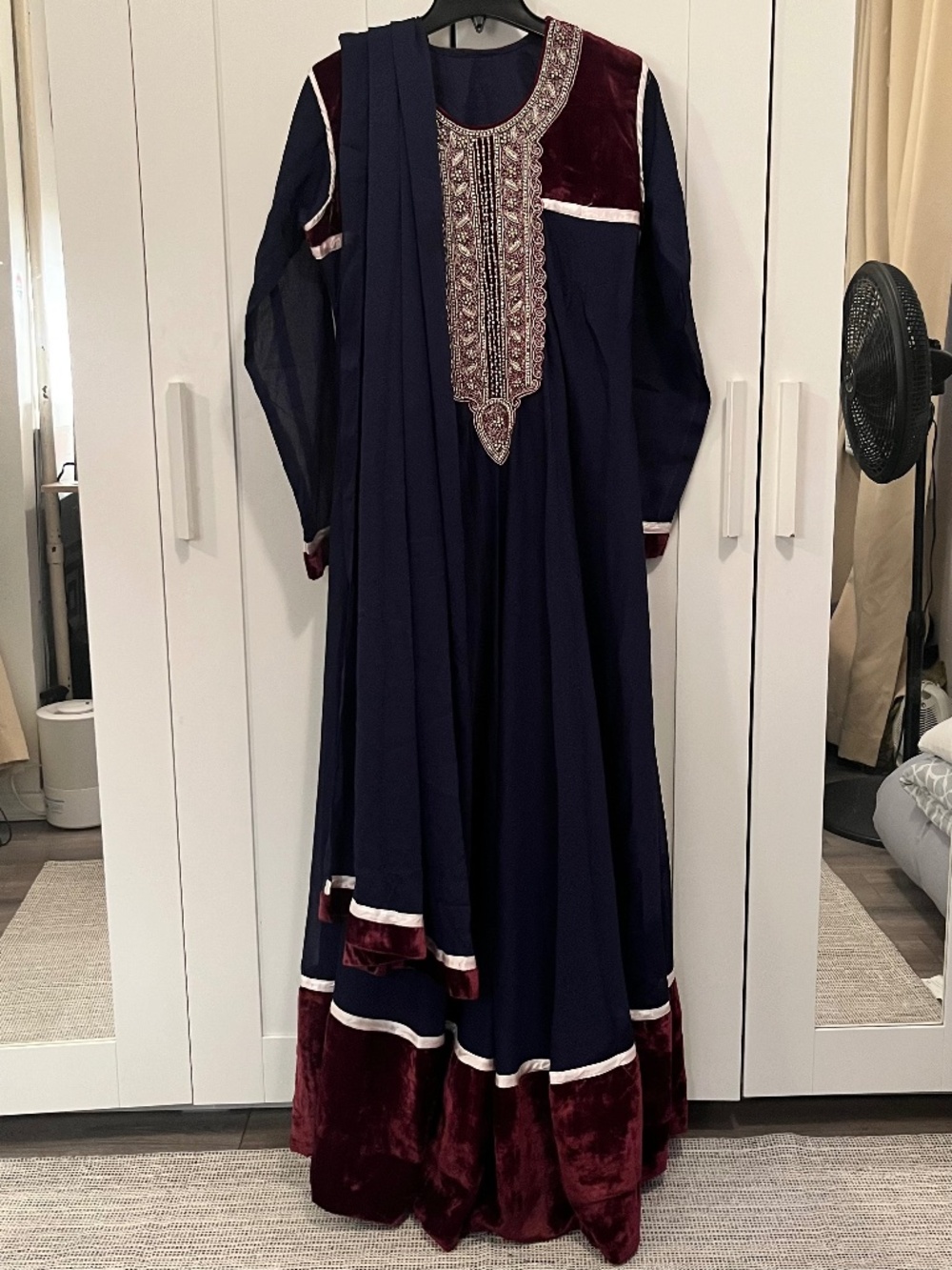 navy blue maroon velvet long 2-piece dress, pakistani indian dress